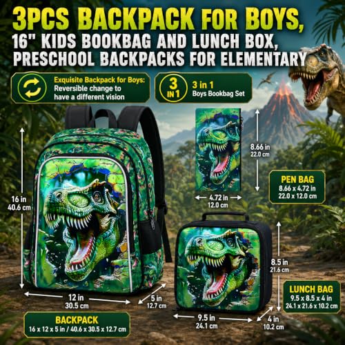 Image of 3Pcs Boys Backpack, 16 inch Dinosaur Bookbag for Elementary Preschool Kindergarten, Dino Kids School Backpacks with Lunch Box(Green)