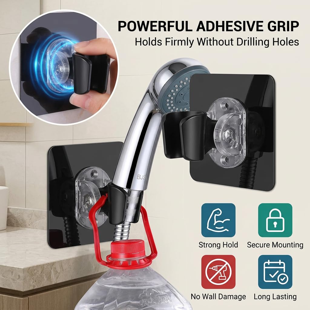 Vihax Adjustable Self Adhesive Shower Head Holder | Wall Mounted Handheld Shower Bracket | Drill-Free Showerhead Stand, Waterproof Bathroom Shower Holder | Punch-Free Bathroom Accessory, Black 2