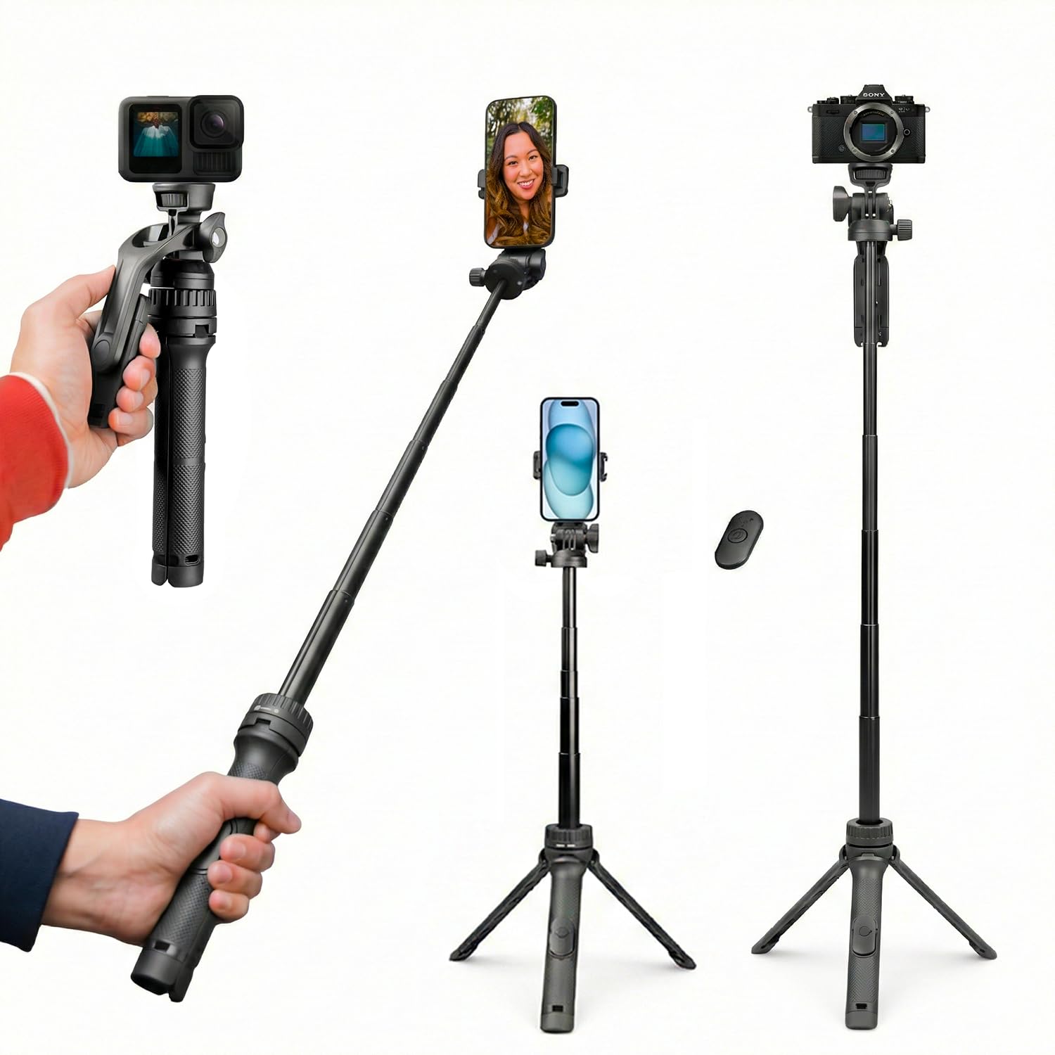 HIFFIN HTR-34 Selfie Stick Tripod, 29” Professional Tripod with Wireless Remote, Portable Travel Tripod Stand Compatible with Smartphones & Cameras for Vlogging/Video Recording/Live Streaming-image-16