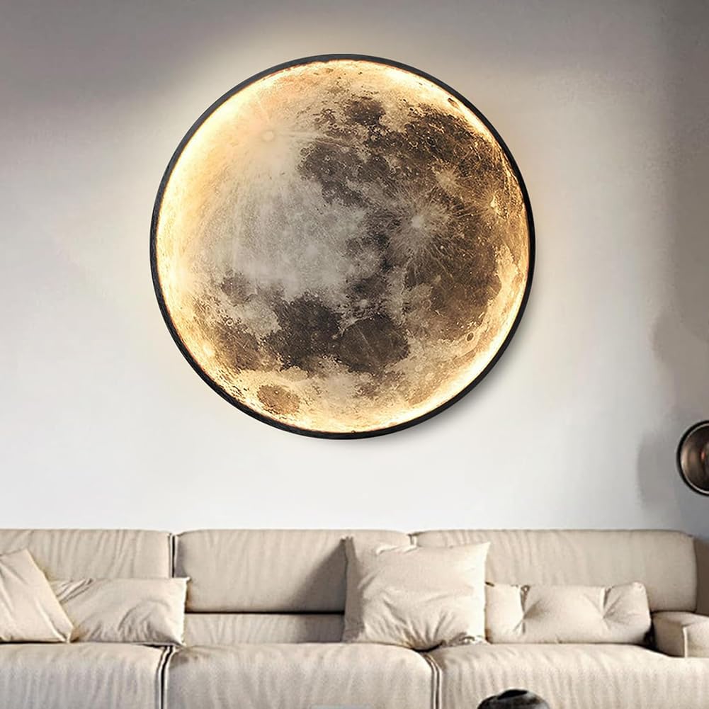 Mond LED Wandleuchte Innen Dimmbar Mond Wandlampe mit Stecker Kabel Mondlampe Schalter Runde Deko Lampe Wand Nachttischlampe Fernbedienung, Nachtlichtmodus und Speicherfunktion Wandbeleuchtung