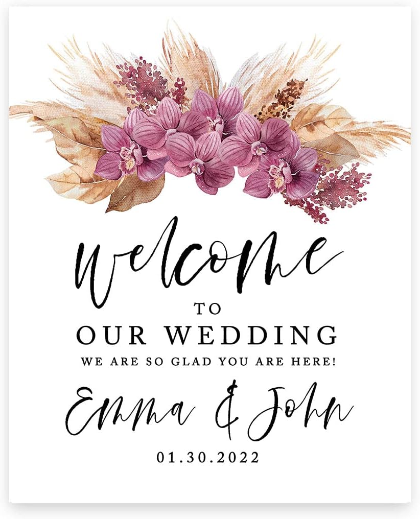 Andaz Press Custom Large Wedding Welcome Sign, 16" x 20" Orchids with Fall Leaves Personalized Canvas Welcome Sign, Sign Our Canvas, Welcome Sign for Wedding Ceremony Reception Guestbook Alternative