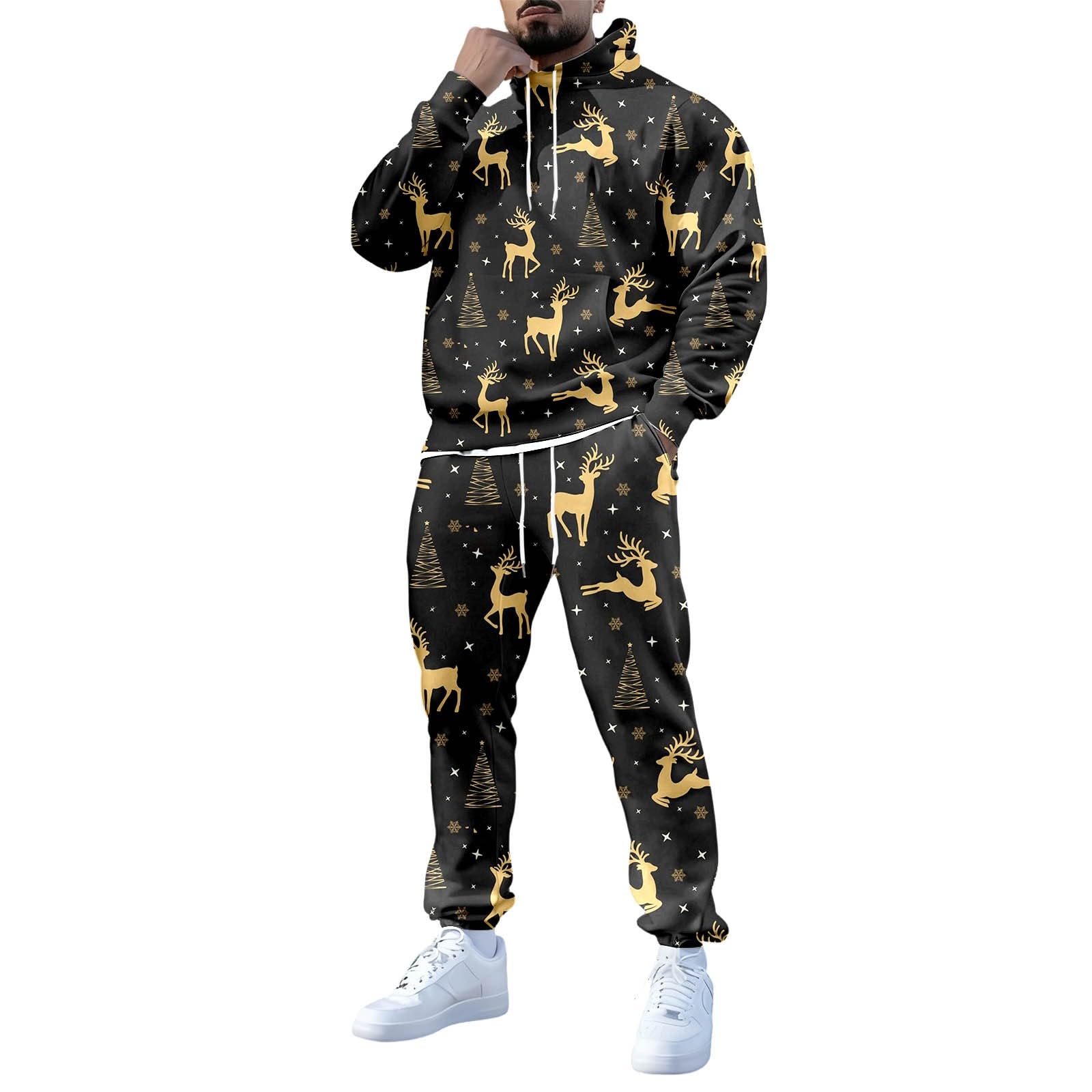 Generisch Świąteczny dres męski do joggingu, świąteczny strój treningowy, zestaw świąteczny, zabawny strój na Boże Narodzenie, 2-częściowy strój bożonarodzeniowy z polarowymi bluzami i spodniami do