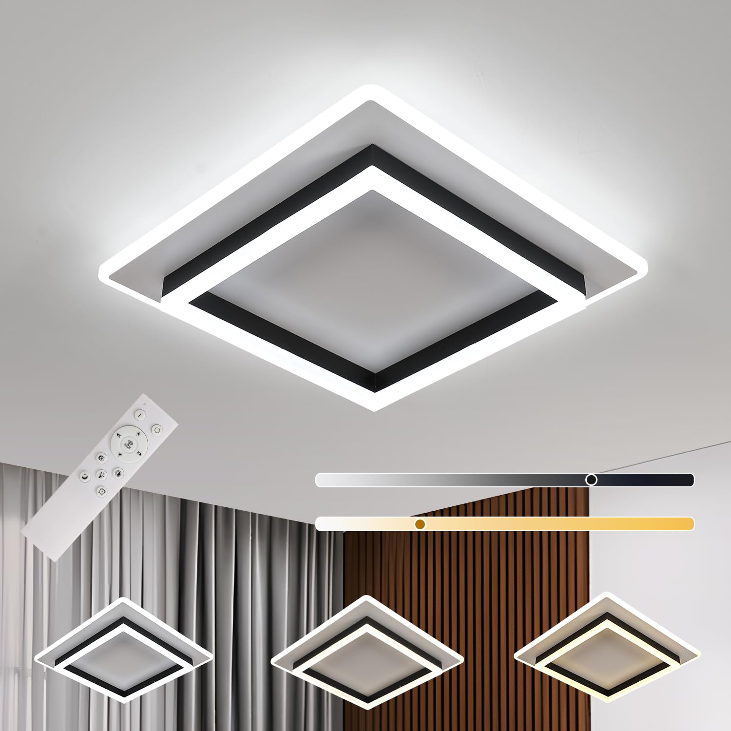 Goeco Plafoniera LED Soffitto Dimmerabile 41W 40CM, Bianco+Nero | Lampada da Soffitto Quadrata Con Telecomando 3000K-6500K Plafoniera Moderno in Acrilico per Camera da Letto Soggiorno Cucina