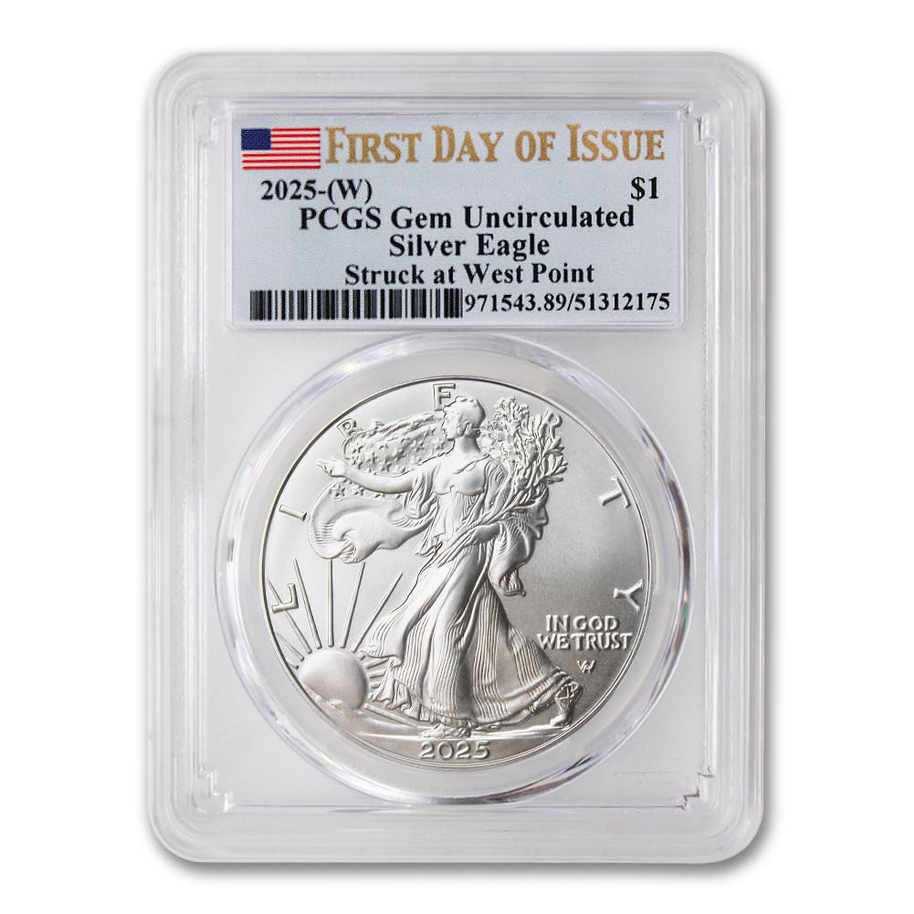 2025 (W) 1 oz American Silver Eagle Coin Gem Uncirculated (First Day of Issue - Struck at West Point - Flag Label) $1 PCGS GEMUNC