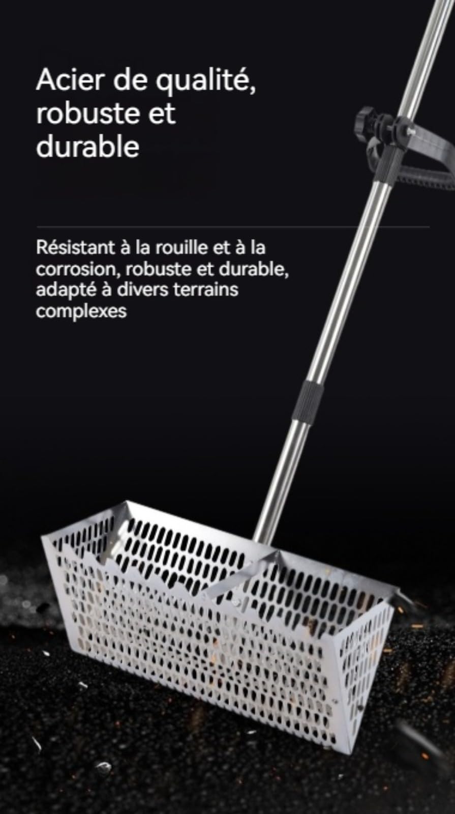 Grand Tamis à Sable de Plage en Acier Inoxydable, Râteau de Puce de Sable, Râteau Tamis de Plage Professionnel Grand tamis à sables acier inoxydable avec poignée 141 cm long et panier 40 x 20 cm