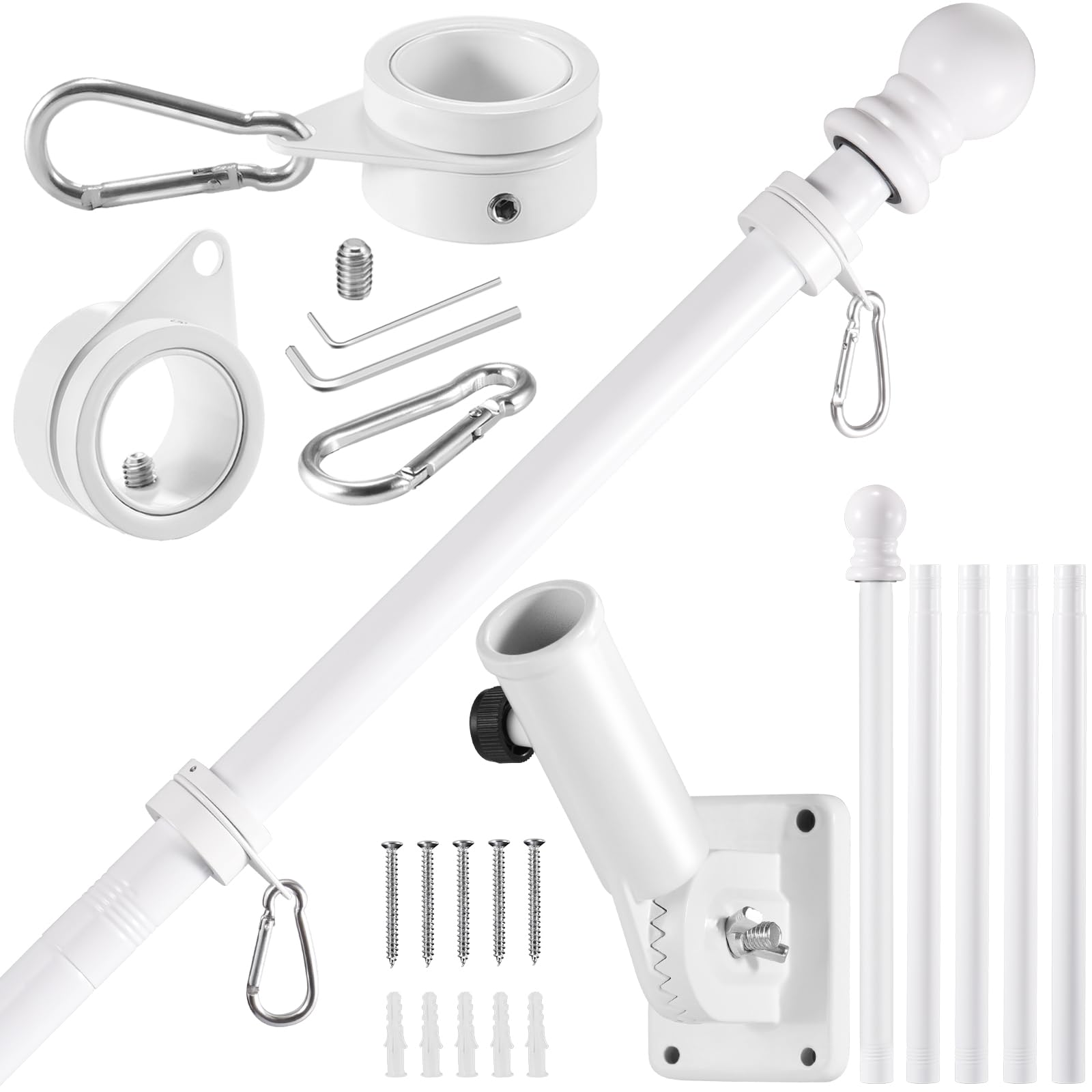 BONWIN White Flagpole Kits, 6 FT Thickened Stainless Steel House Porch Wall Flag Pole Kit for 3x5'/4x6' Flag, 1