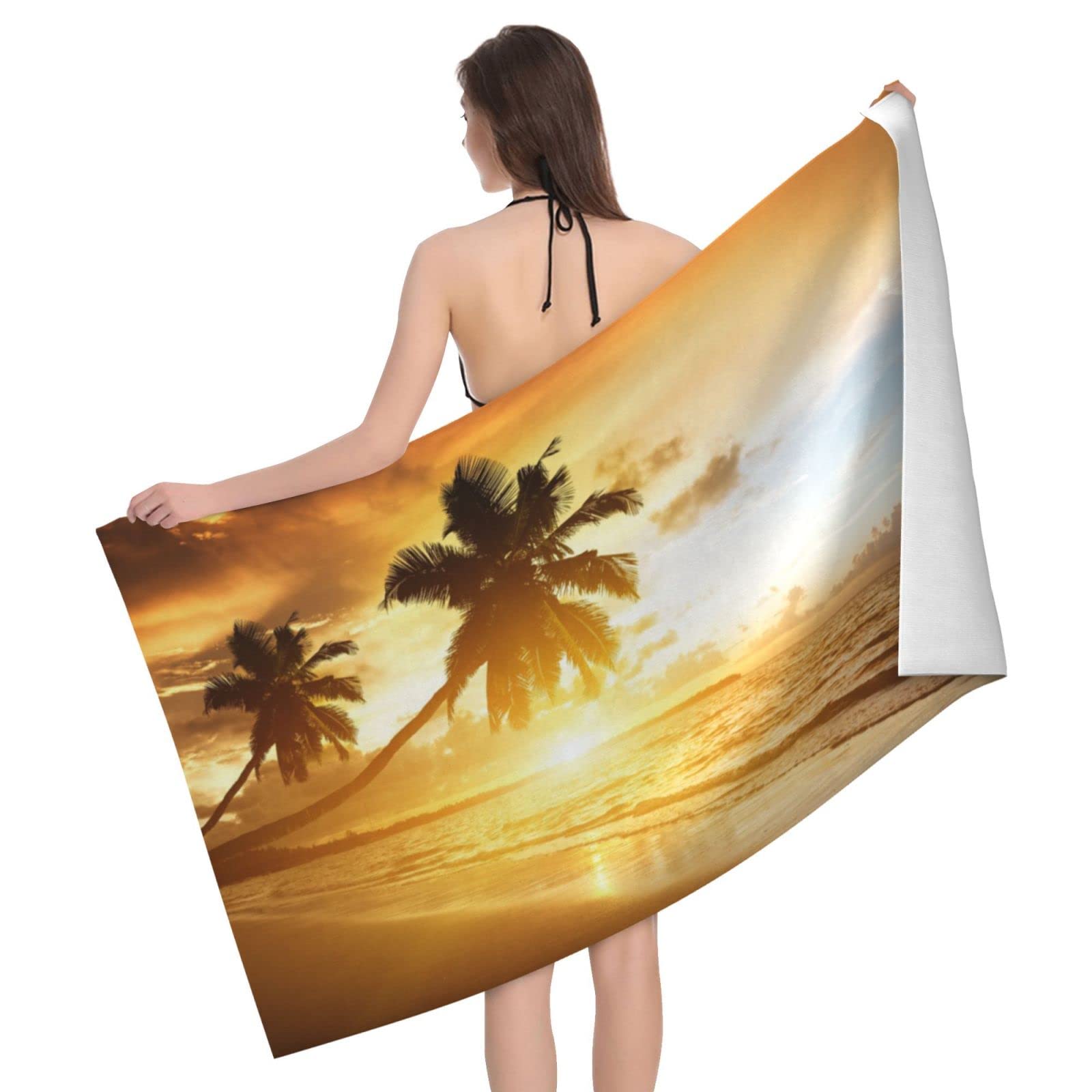 Lawenp Sunrise and Palm Tree Beach Towel, Lightweight Sand Free Quick Dry Microfiber Absorbent Bath Towel for Kids, Adults, Swimming, Bath, Yoga, Pool, Travel, Camping 32"X52"