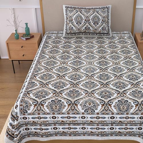 Image of 100% Cotton Single Bedsheet with 1 Pillow Cover | 240 TC Pure Cotton Flat Bed Sheet | Traditional Jaipuri Printed Bedding Set | Soft & Breathable | 60 x 90 Inch (Rangmahal Single 27)