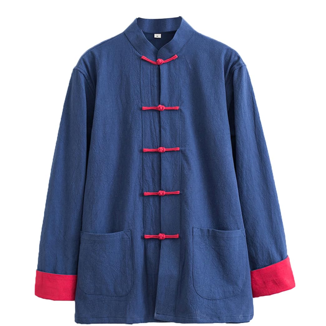 ZHOUXIAO Uniformi di Tai Sciolti Uomini Uomini Cinesi Tradizionali Abiti da Kung Fu Abiti Ala di Biancheria di Cotone Chun, Abito a Maniche Lunghe Gocce Hanfu Camicia per Cam blue1-M