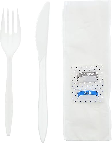 Miniatura 3 de AmerCare Royal - Juego de cubiertos desechables 5 en 1 de peso medio con tenedor, cuchillo, paquetes de sal y pimienta, servilleta de 12 x 13