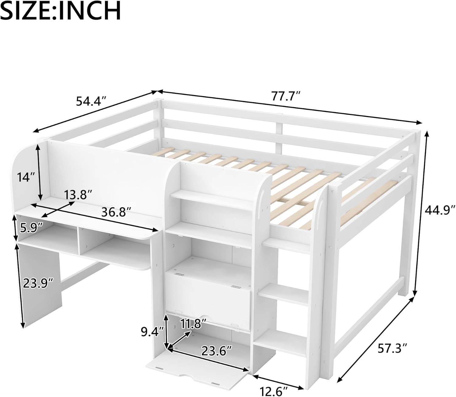Ball & Cast Full Size Loft Bed with Built-in Desk and Storage Cabinets, Multifunctional Wooden Loft Bed Frame with Open Bookcase & Whiteboard for Kids Teens Adults,White