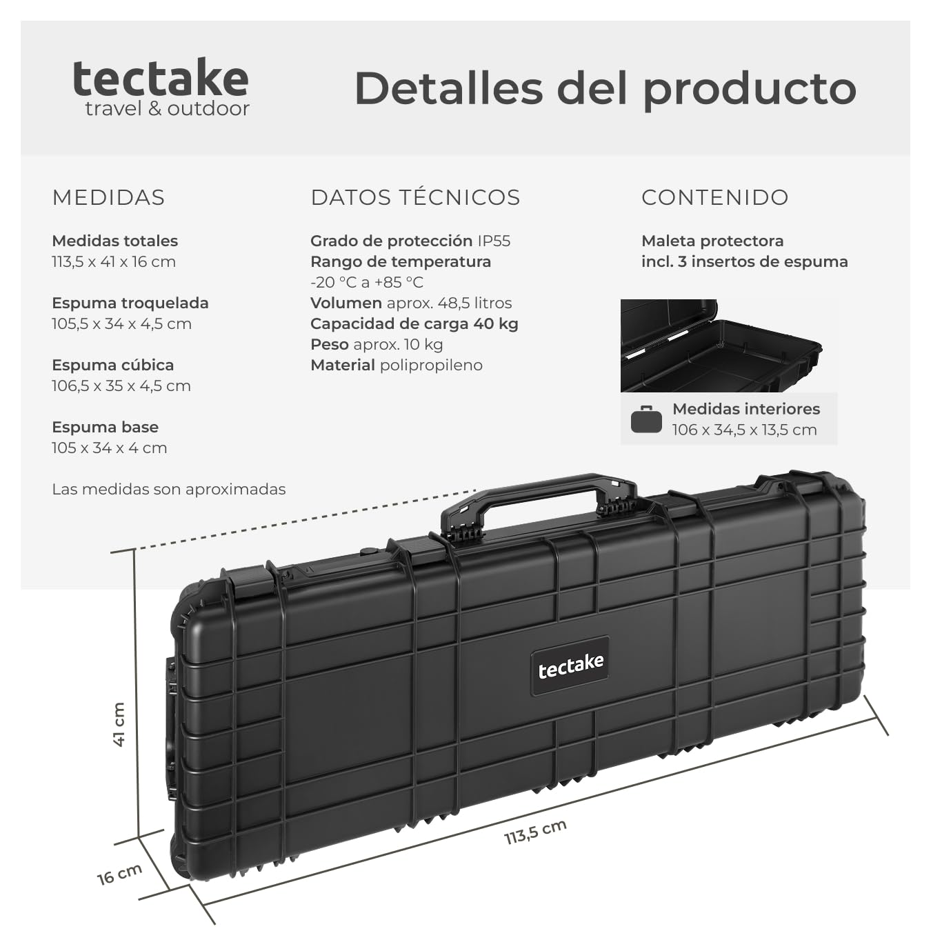 tectake® Caja de Armas largas, Maletin para Rifle, Armas, Carcasa Rígida, Airsoft Armas, Caza, Escopeta de Perdigones, Carabina, Francotirador - Negro