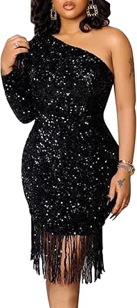 KIMCURVY Abito Da Sera Taglie Forti Con Una Spalla E Glitter - Modello Avvolgente Increspato Con Spacco - Nero (Taglia 58) - 4