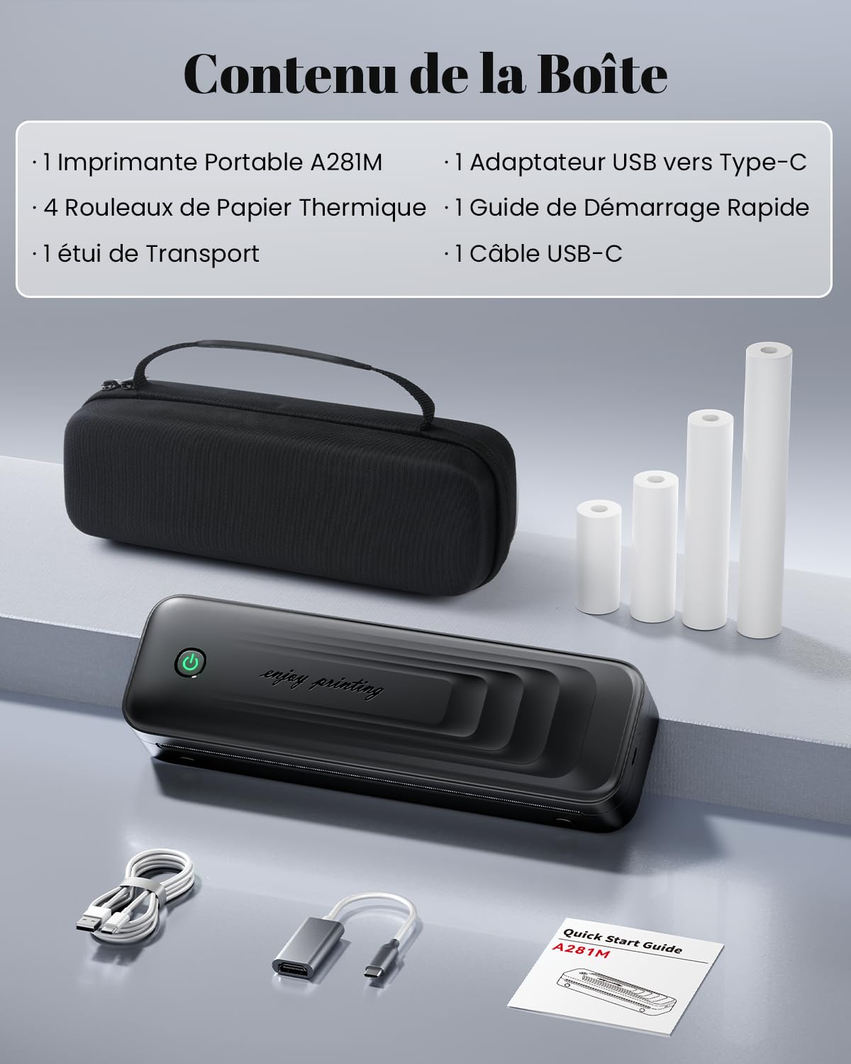 TATTMUSE Imprimante Thermique A4 Portable Bluetooth sans Encre pour Voyage, Noir