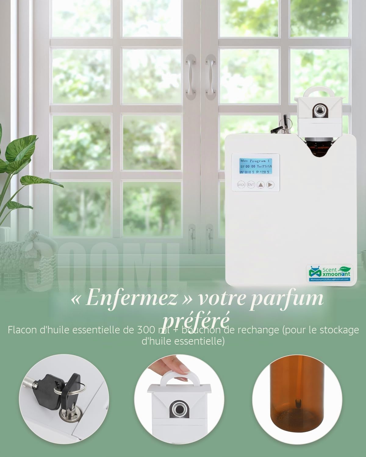 Mxmoonant Diffuseur d'Huiles Essentielles sans Eau, Mural, Couvrant 80-120㎡, 300ml Bouteille d'huile, Contrôle d'Application&Timer, HVAC Connectable, pour Bureau, Magasin, Hotel | Commande App et minuterie, compatible HVAC, grand écran LCD, pour hôtels et