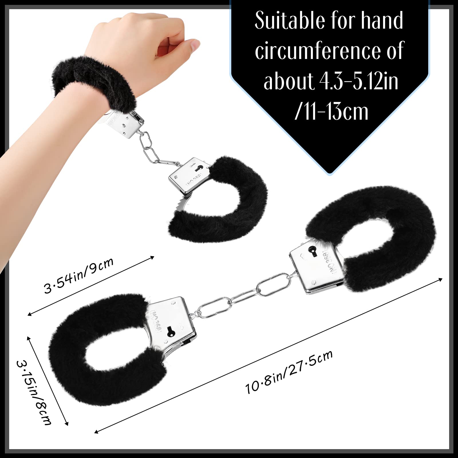 SATINIOR Manette per Coppia con 2 Chiavi Manette in Metallo Morbido Peluche per Costume di Polizia Festa di Carnevale e Halloween (Stile Peluche,Nero)