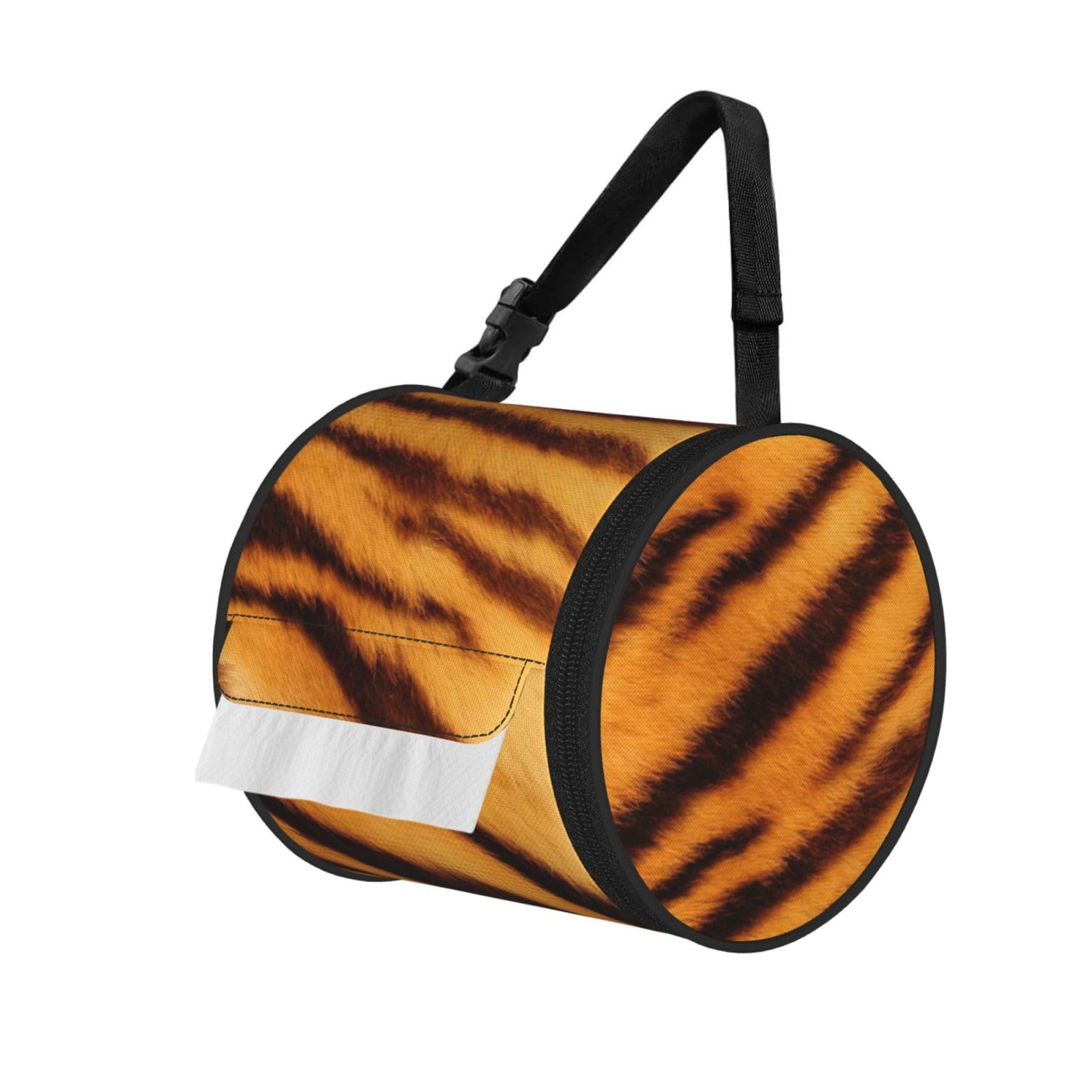 Tiger Striped Pattern Print Round Paper Tissue Holder With Shoulder Strap, Portable Roll Case For Caravan Travel Use