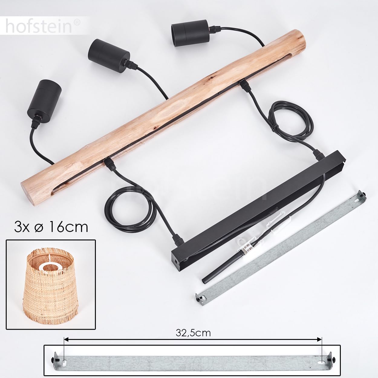 Suspension Soungou, lampe à suspendre moderne en bois/métal/marbre en naturel/noir/beige, lampe à suspendre à 3 flammes au design scandinave, hauteur max. 135 cm, 3 x E27, sans ampoules