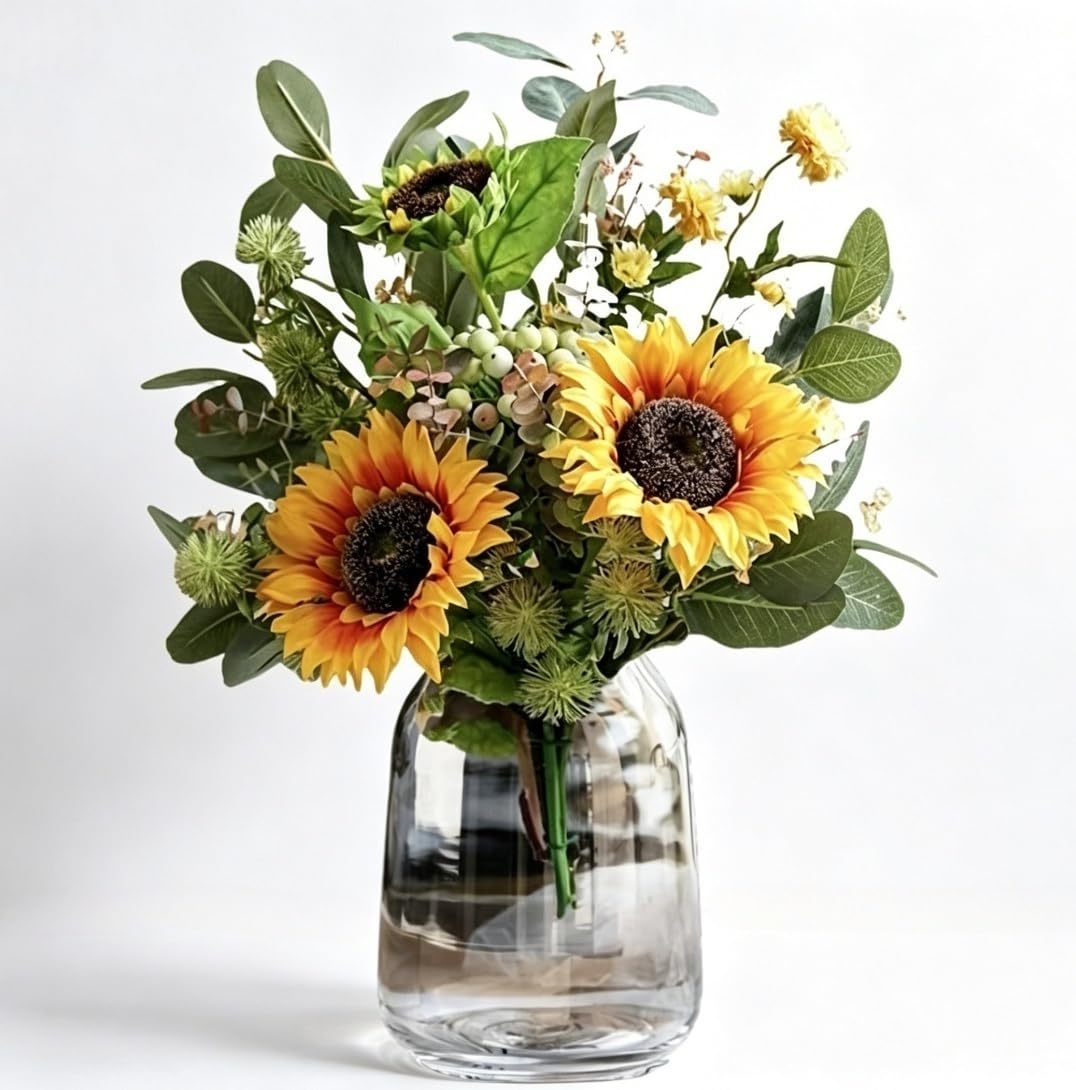 Artificial Sunflowers in Glass Vase - Hand-Tied Faux Orange Bouquet