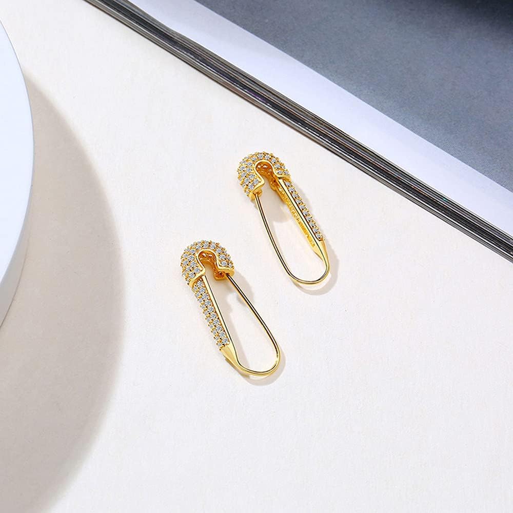 CZ Safety Pin Cartilage Sterling Silver Hoop Earrings for Women Girls Dainty Cubic Zirconia Dangle Drop Hypoallergenic Stud Post Crystal Huggie Fashion Hoops Jewelry 20mm Gold-Tone