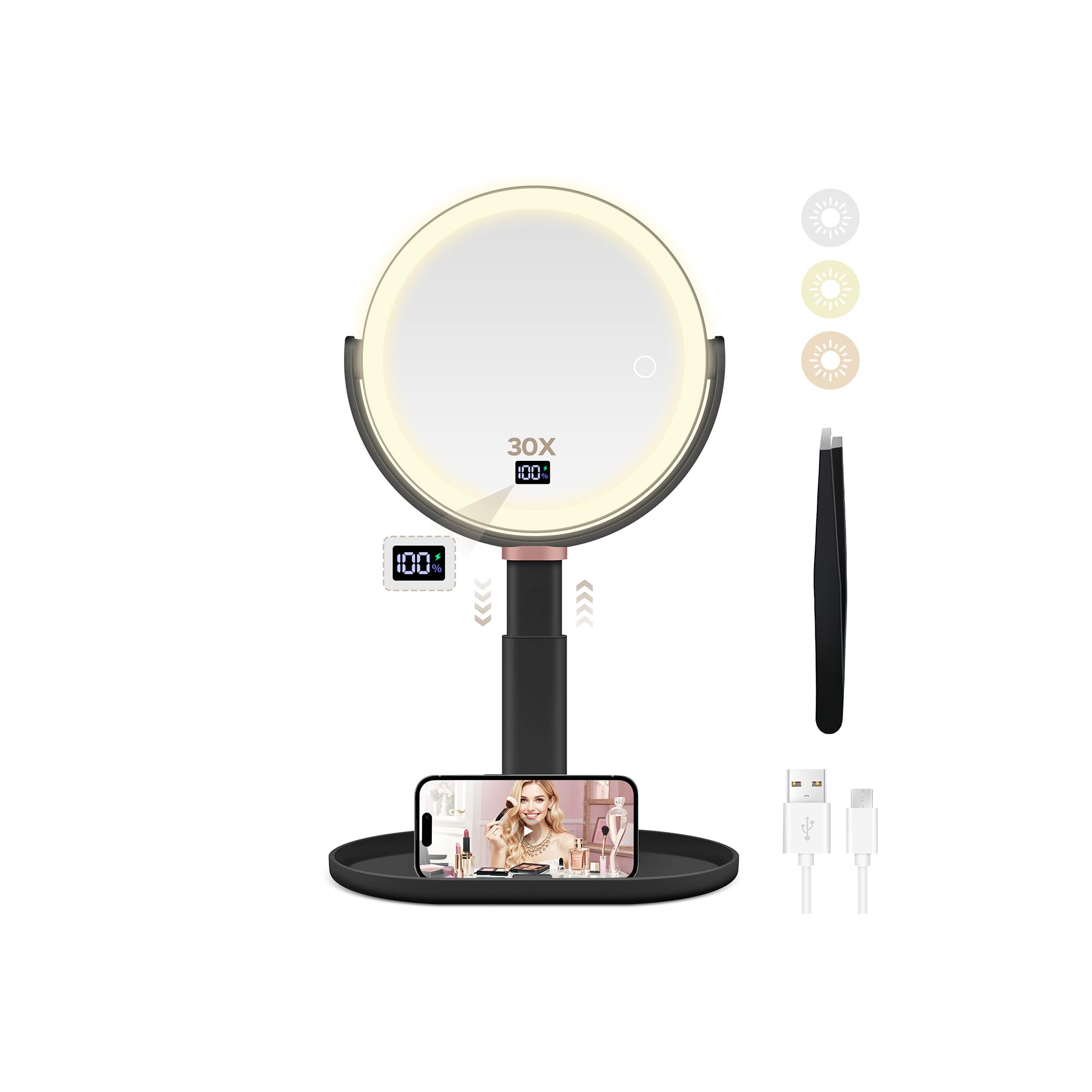 B Beauty Planet Magnifying Mirror with Light 30X/1X, Height Adjustable Makeup Mirror with Digital Display, Detachable for Travel, Bathroom Vanity Mirrors with Cell Phone Holders and Tweezers (Black)