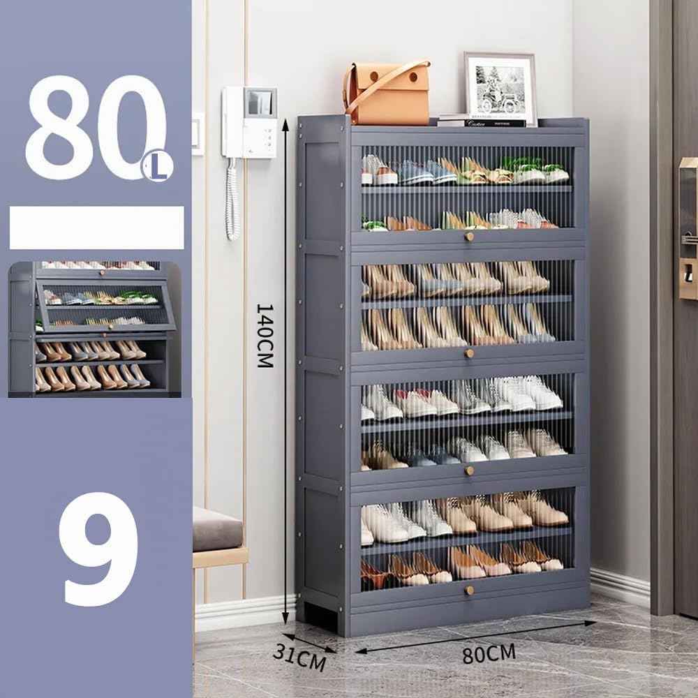 Gabinete de zapatos de bambú, puerta transparente, estante de zapatos de gran capacidad, con puerta plegable (Gris, 80cm,9capas)