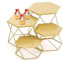 Metal Display Risers, Set of 4 Brass Hexagonal Nesting Buffet Riser Set, Modern Brass Buffet Display Stands for Food, Food Display Risers for Buffet Cupcake Small Potted Plants