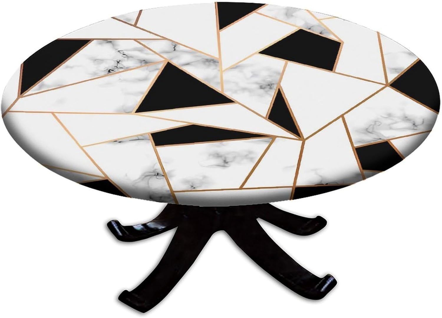 Round Fitted Tablecloth with Elastic Edge, Black White Geometric Marble Polyester Washable Table Cover, for Indoor Holiday Family Banquet and Outdoor Patio Use, Fit for 44" Table
