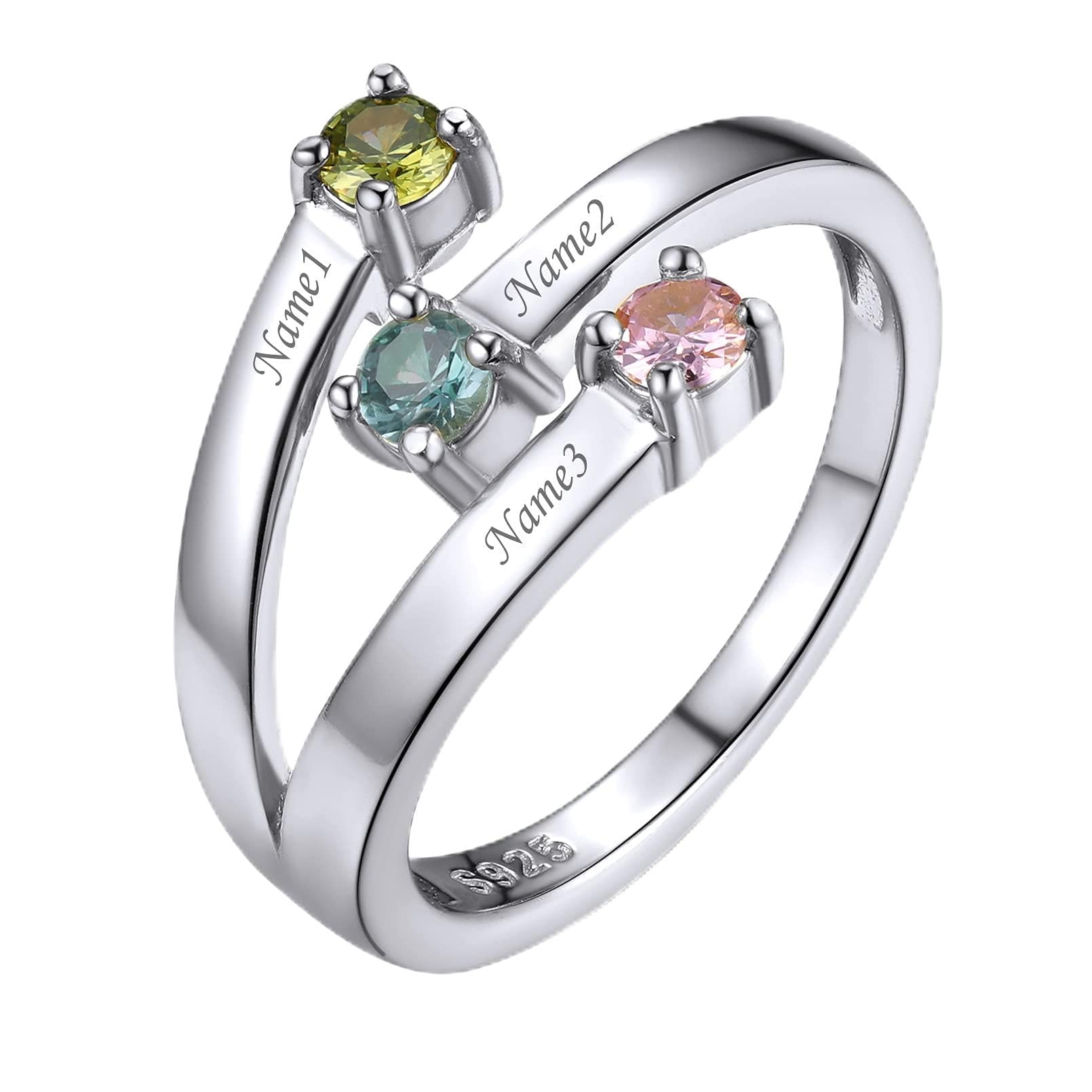 Custom4U Personalizado Anillo Plata de Ley 925 con Piedras Coloradas de Cumpleaños Anillo Fino de Compromiso Joyería DIY de Mujeres con Letras y Nombres Personalizables Regalo para Día Valentín