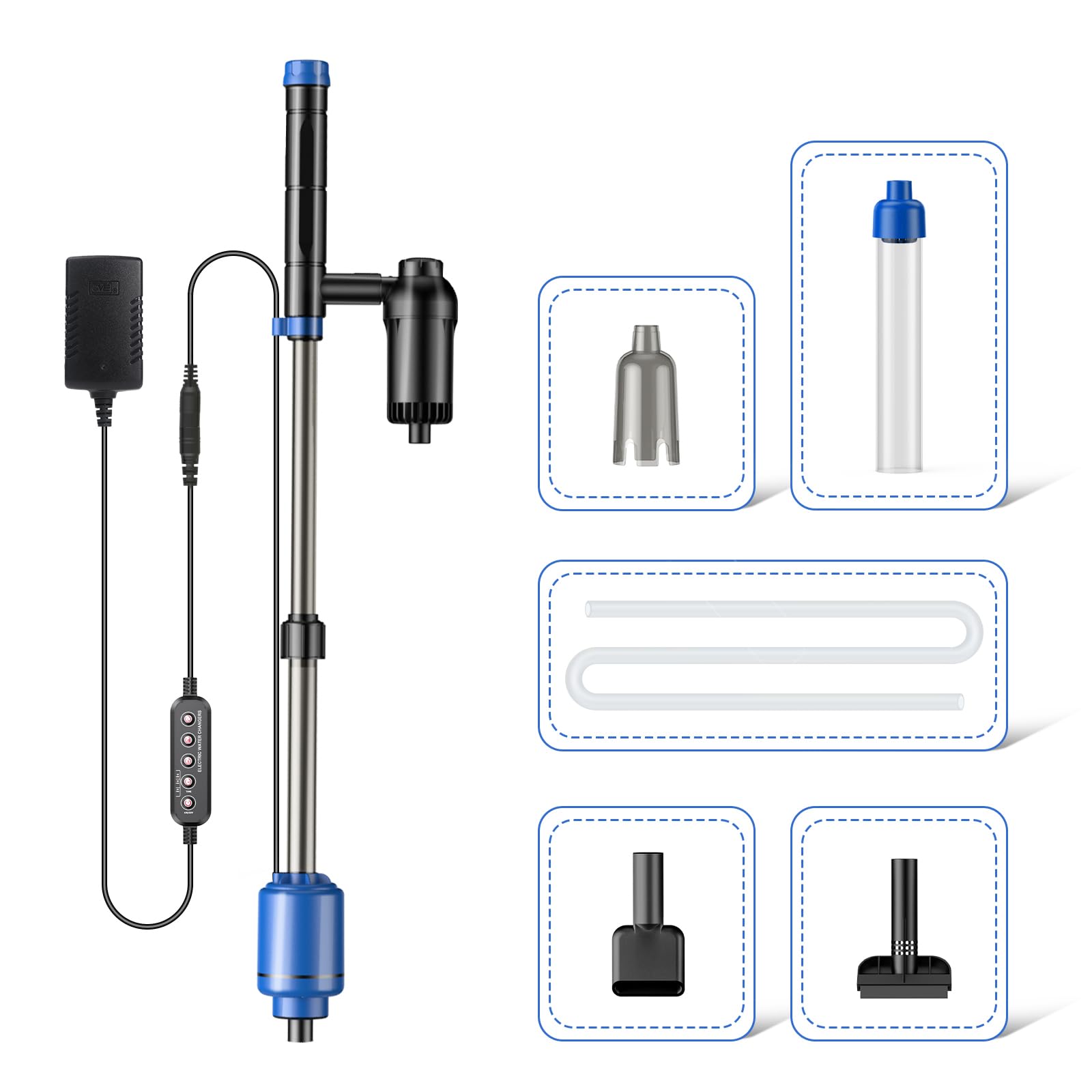 bedee Aspiradora de grava para acuario, aspiradora eléctrica de 24 W, limpiador de acuario multifuncional 6 en 1 para cambio automático de agua, arena de lavado, circulación de agua y apagado