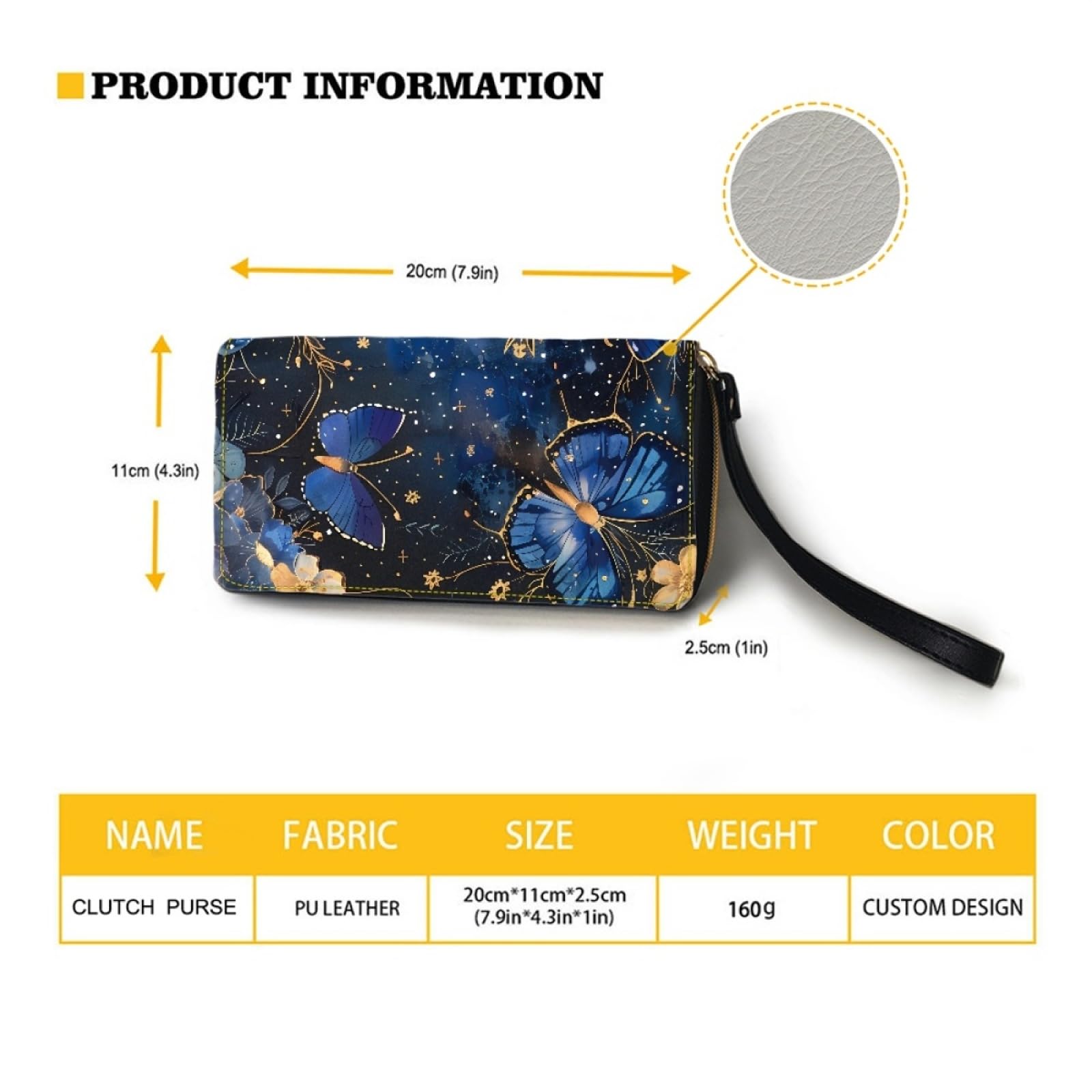 Portafoglio Donna Portamonete Porta Carte di Credito Donna Uomo Wallet | Portafogli con Zip e Cinturino da Polso Leggero Durabile Portatile,Impermeabile Cuoio,Farfalla Oro Blu 11x20cm/3 Unità