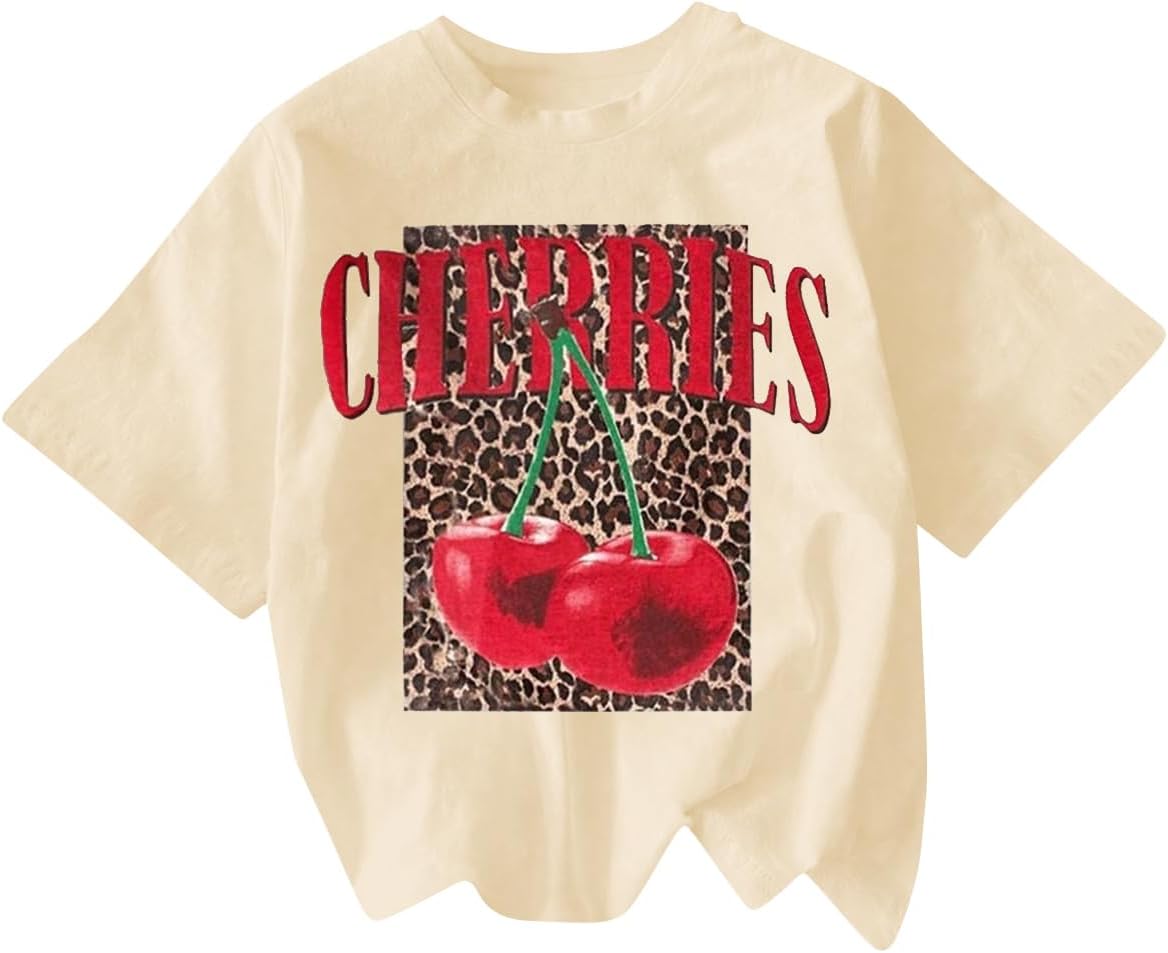 RoseSeek Women's Cherry Bow Graphic Tees Short Sleeve Crew Neck Summer T Shirt Tops for Women Trendy