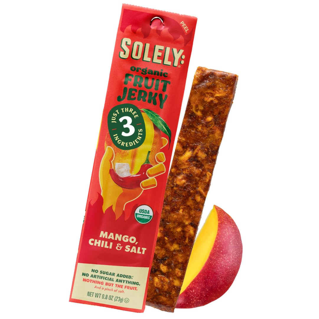 SOLELY - Organic Spicy Mango Chili and Salt Fruit Jerky - 1 Individually Wrapped Fruit Strip - Fruit Leather Made from Dried Fruit - Healthy Snacks for Adults & Kids - Vegan, Non GMO - 0.8oz (23g)USDA Organic