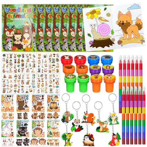 Cinrobiye 72 Pcs Woodland Animals Party Favors, Forest Creatures Coloring Books Crayons Tattoos Stickers Stampers Goodie Bag Fillers, DIY Craft Prizes for Birthday Classroom Party Supplies