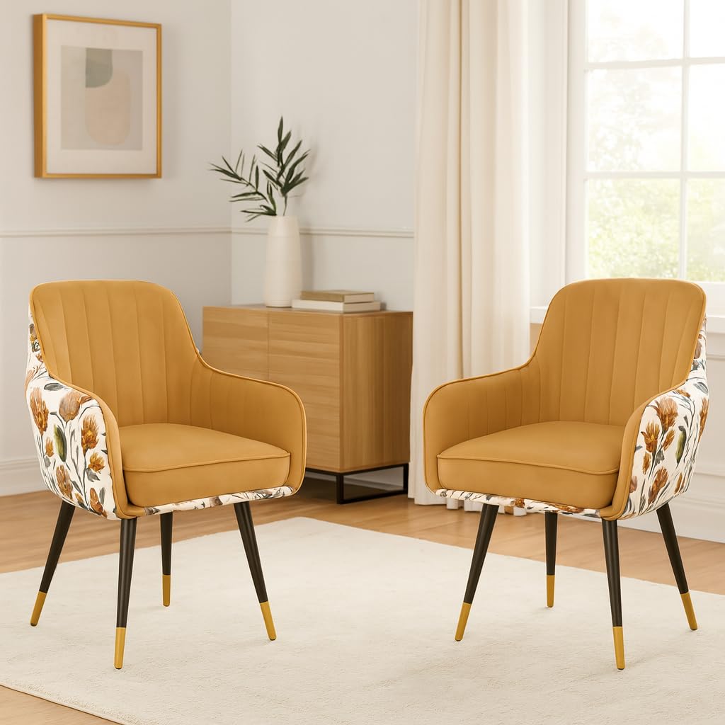 Flora Premium Accent Chair in Dual Velvet Fabric | Modern Armchair in Soft Floral Back Velvet Fabric with Dual Tone Metal Legs | 2pc (Set of 2, Light Brown)-image-5