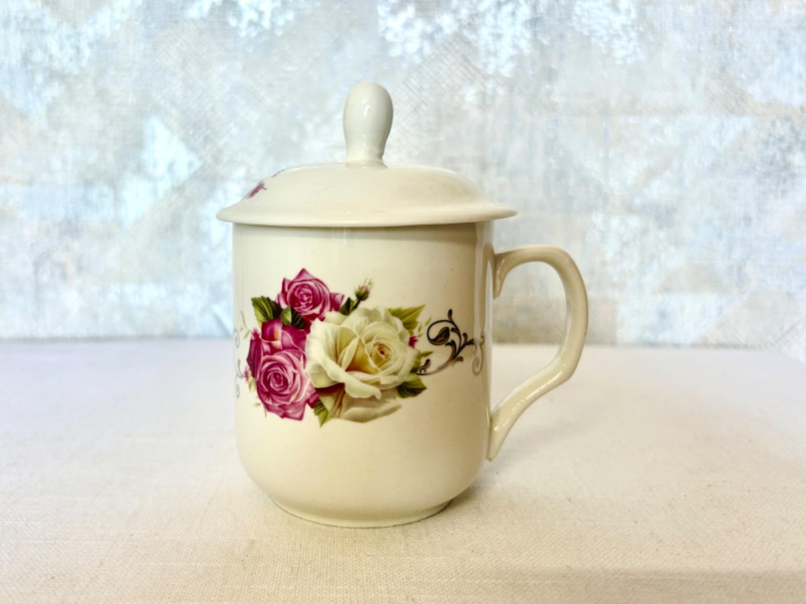Uniqraft Chinese - Oriental - Tibetan Style Ceramic Tea Mug with Lid, 13 cm Tall, 300 ml| 1 Cup | Large - Pink Rose