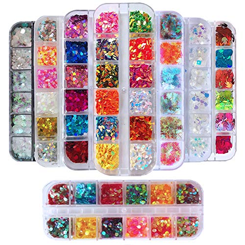 EBANKU 8Boxes Holographic Nail Glitter Sequins, Round Leaf Star Heart Iridescent Mermaid Confetti Nail Art Glitter Laser Sparkly Glitter Flake Paillette for Nails Decorations