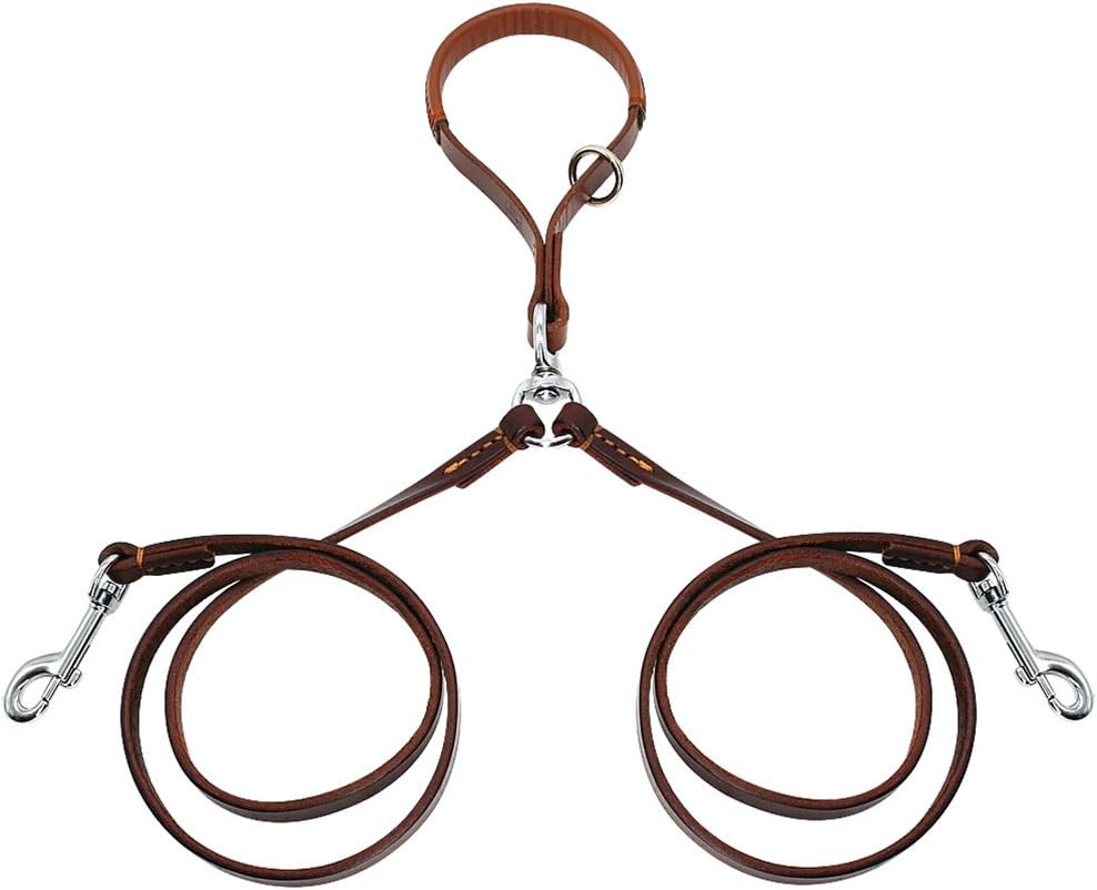 2 Ways Dog Leash Double Two Pet Leather Leads NoTangle Coupler with Handle for Walking and Training 2 Small Medium Dogs Brown M