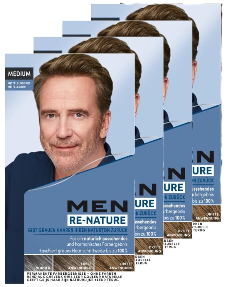 Men Perfect Re-Nature Männer Mittelblond bis Mittelbraun (4x 145 ml) Re-Pigmentierungs-Creme stellt ohne Haare färben die Naturhaarfarbe wieder her und kaschiert schonend graue Haare