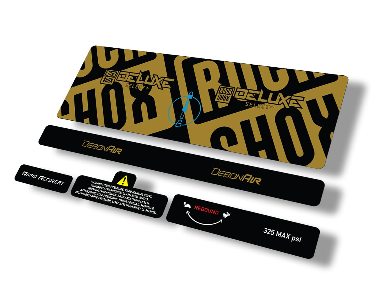 Zamienna naklejka na tylny amortyzator, kompatybilna z Rock Shox 2021 Deluxe Select Plus Series Gold (błyszcząca)