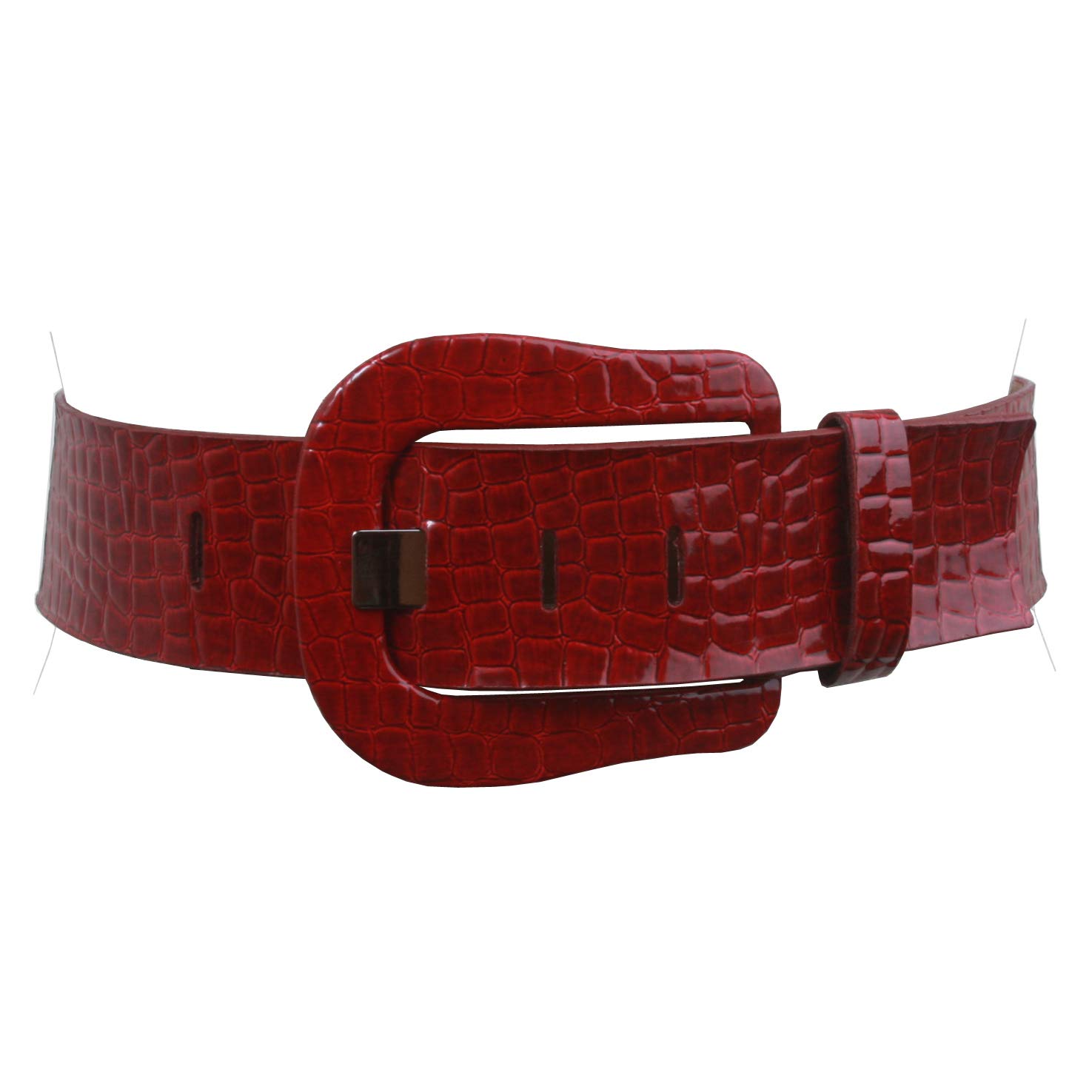 Ladies Croco Print Western Buckle Patent Leather Wide Fashion Belt, Red | S/M - 32
