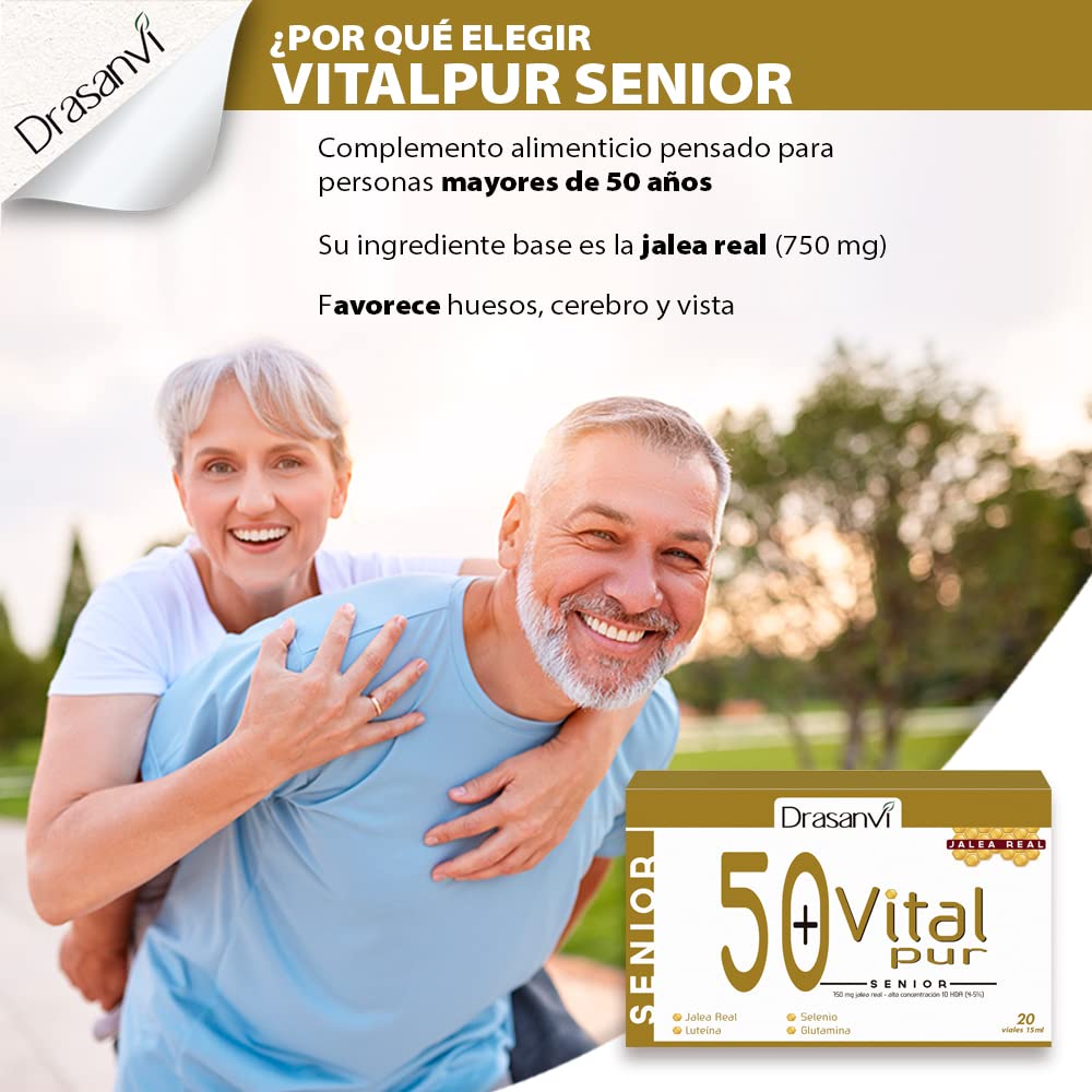 Drasanvi VITALPUR SENIOR Jalea Real 10 HDA 4-5 %| con Hierro, Magnesio, Selenio, Glutamina y Luteína| para el Cansancio y la Fatiga | 750 mg/día | con Stevia | 20 Viales = 20 Días | Sabor Naranja