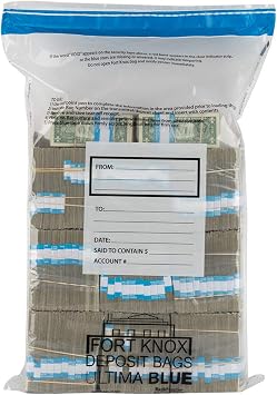 20 Bundle Ultima Ultima Blue Deposit Bags - Holds 20 Bundles of Cash - 100/case