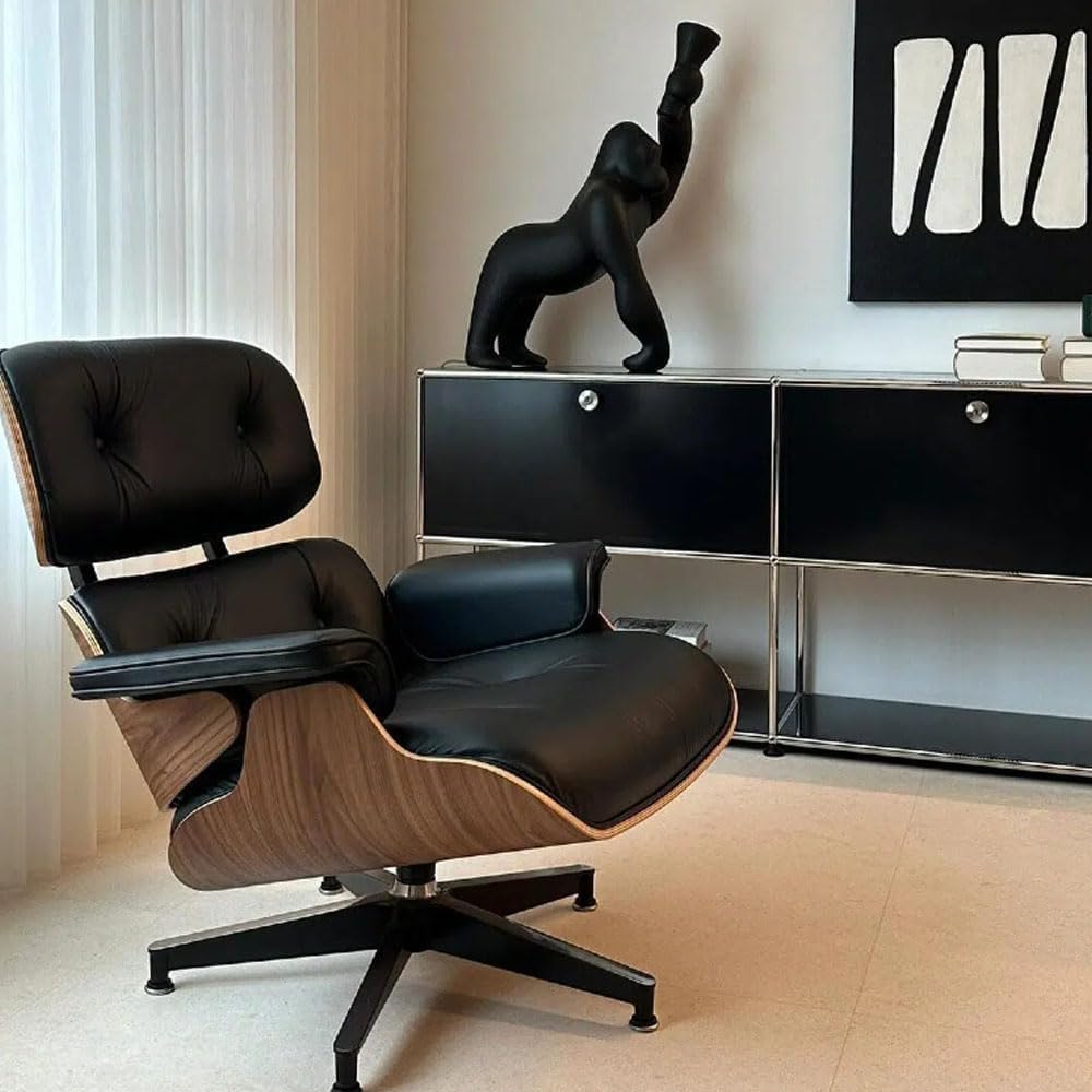 Poltrona Lounge Girevole Reclinabile in Pelle Genuina, con Ottoman, Design Classico Moderno, Base Robusta, Legno di Nocefor Per soggiorno, studio, salotto e ufficio assemblata Nero
