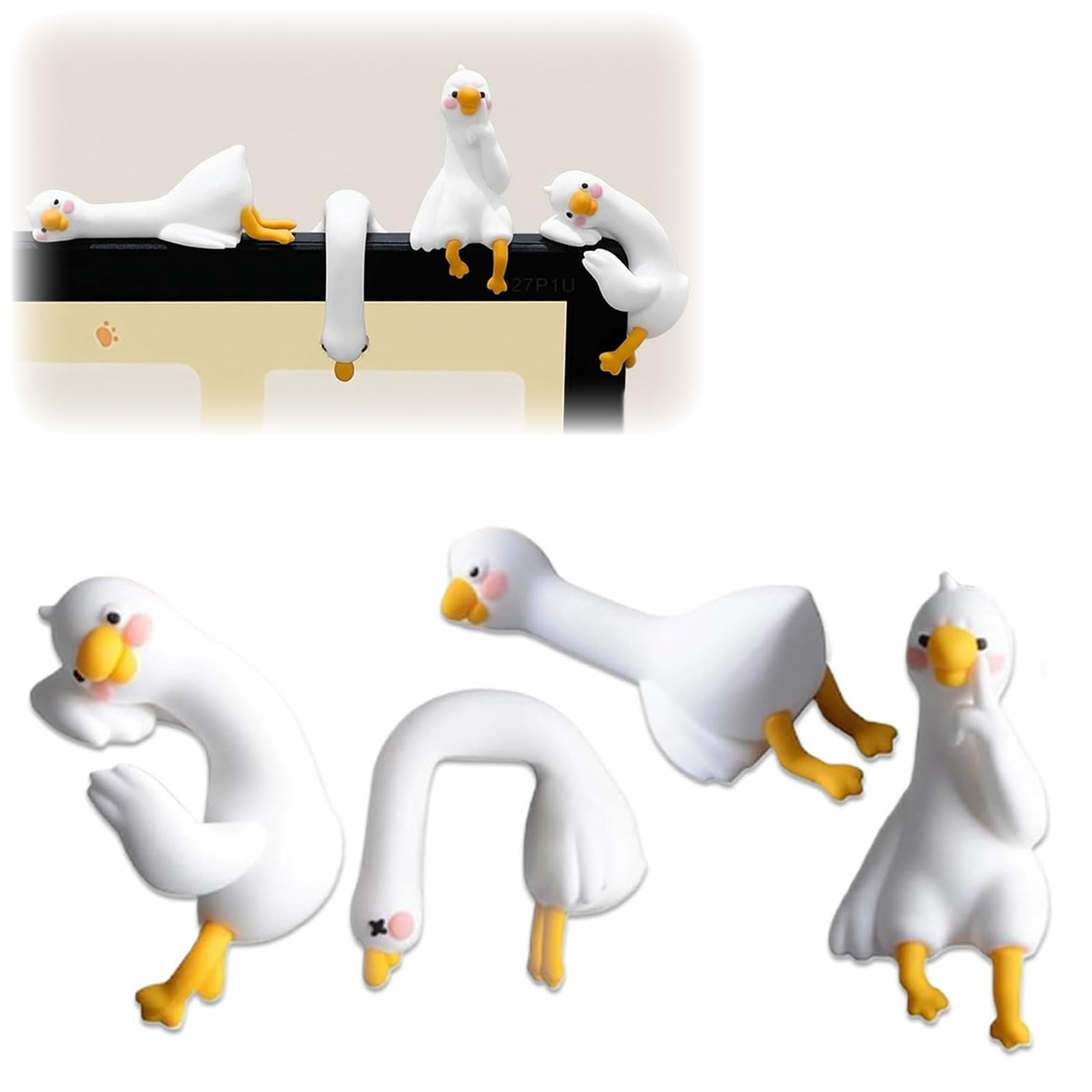 Leipsychic White 4Pcs Mini Resin Goose Figurine, Lazy Ducks Desk Accessories, Computer Monitor Decor Figurines, Tiny Cute Goose Statues, For Computer, Vehicle Screen Decoration