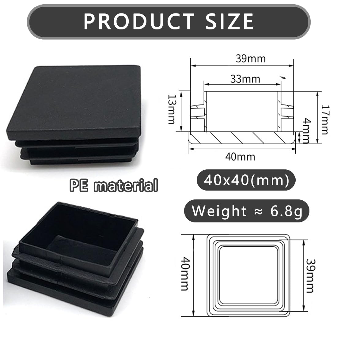 EIYVPRA 21 Pcs 40x40mm Square Tube End Caps, Square PE Plastic Caps, Pipe Caps for Stainless Steel Pipes Black Square Caps - Image 2