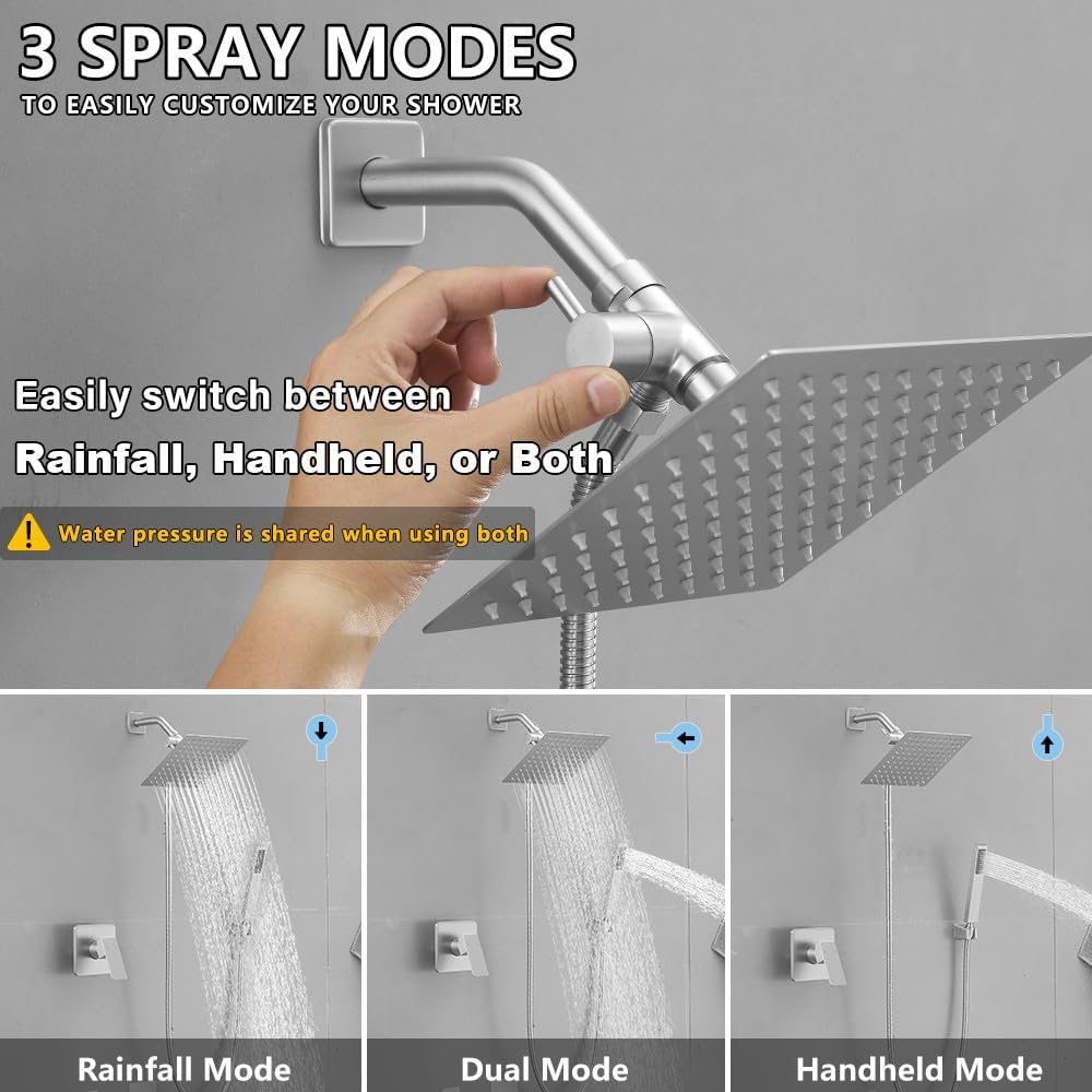 8 Inch Rainfall Shower Head and Handheld Spray Combo with 3-Way Diverter and Touch-Clean Nozzles, Rough-in Valve Body and Trim Included, Brushed Nickel