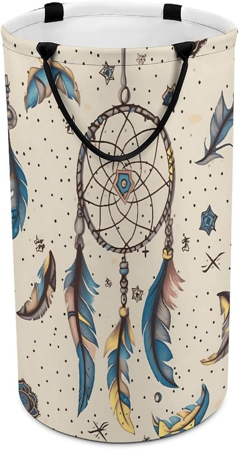 Dream Catcher And Moon Laundry Hamper with Handles Waterproof Collapsible Laundry Basket Large Lightweight Round Dirty Clothes Hamper for Home Dorm Bathroom Decor