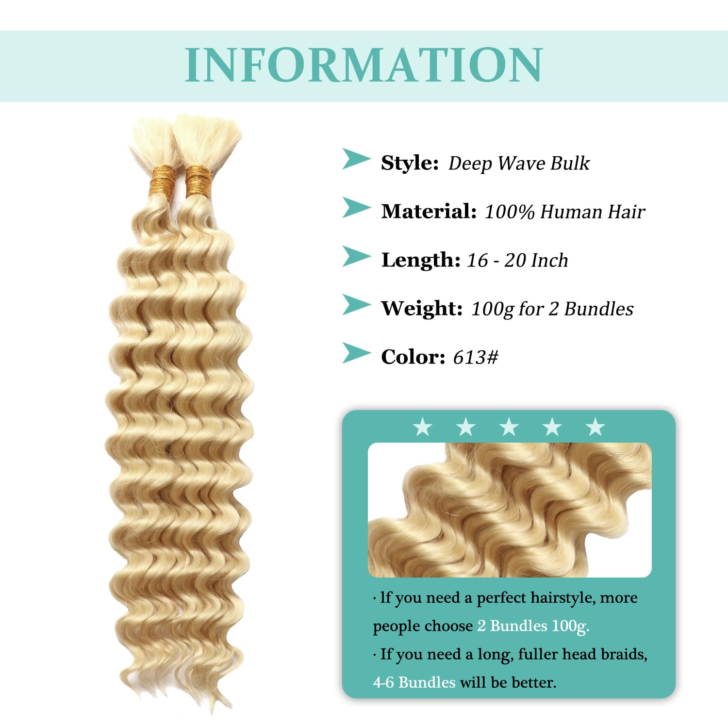 Boho Braids Human Hair Extensions 100g 2 Bundles No Weft Human Braiding Hair for Knotless Braids Wet and Wavy Deep Wave Bulk Human Hair For Women (613# - Image 3