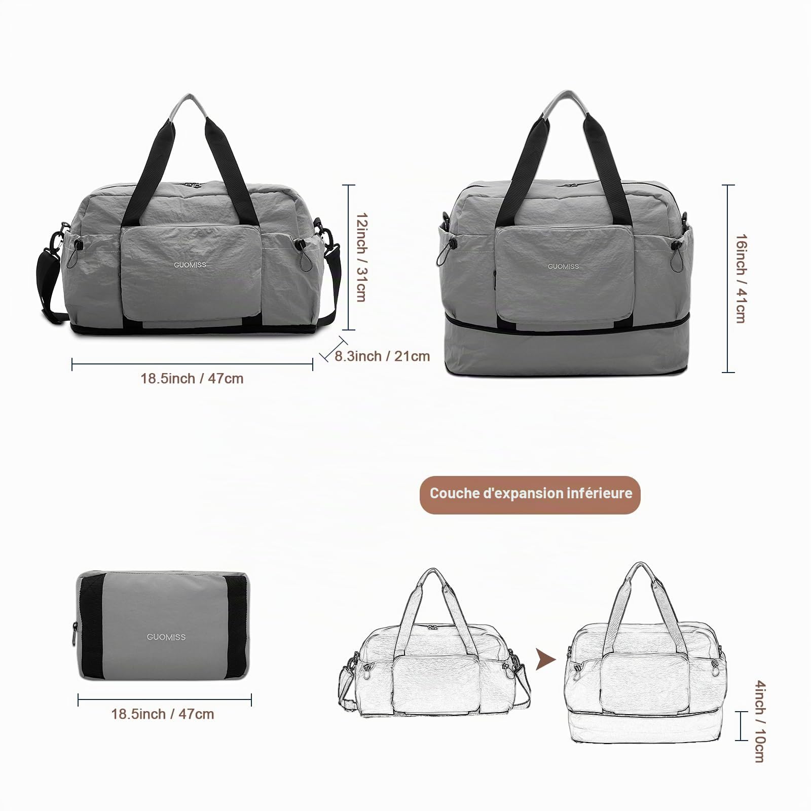 HUA ANGEL Sac de Voyage Pliable Extensible Ultra-Léger Sac de Sport & Weekend avec Poche Étanche - Grand Sac Cabine Avion pour Homme Femme Fitness Yoga Boxe Piscine Vacances(30-35L) Gris